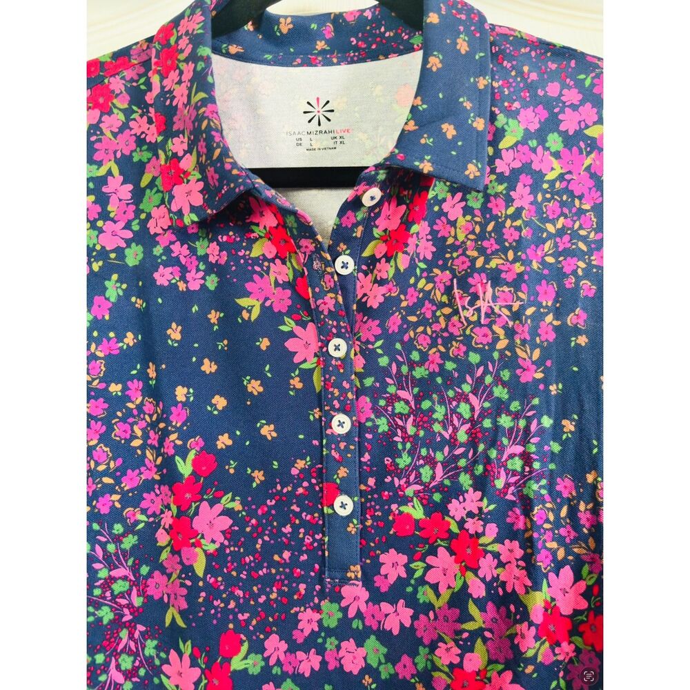 Isaac Mizrahi Live Floral Polo Top Preppy Casual Short Sleeve Blue Pink Shirt - Picture 4 of 7